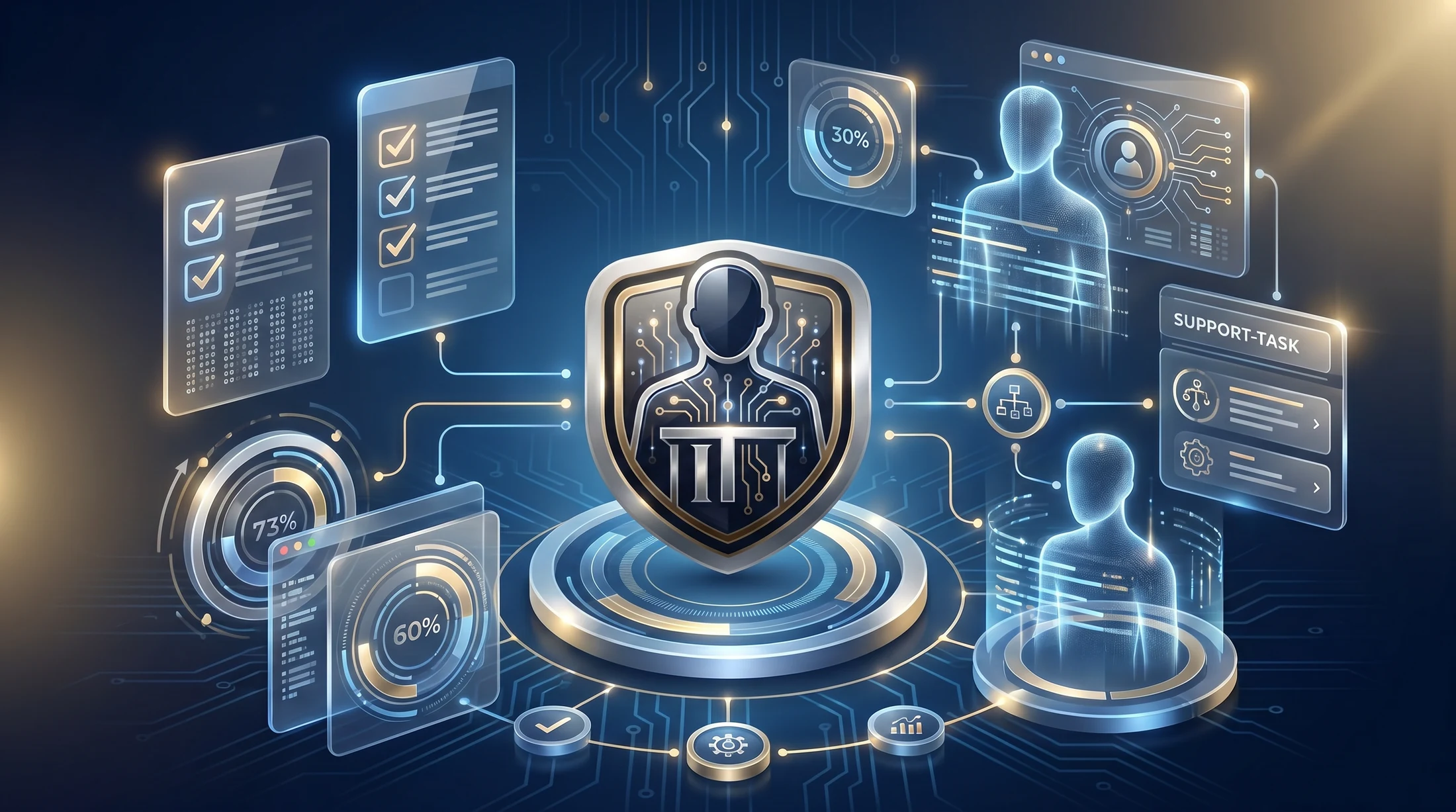 Premium faceless checklist workflow visual in blue silver and gold