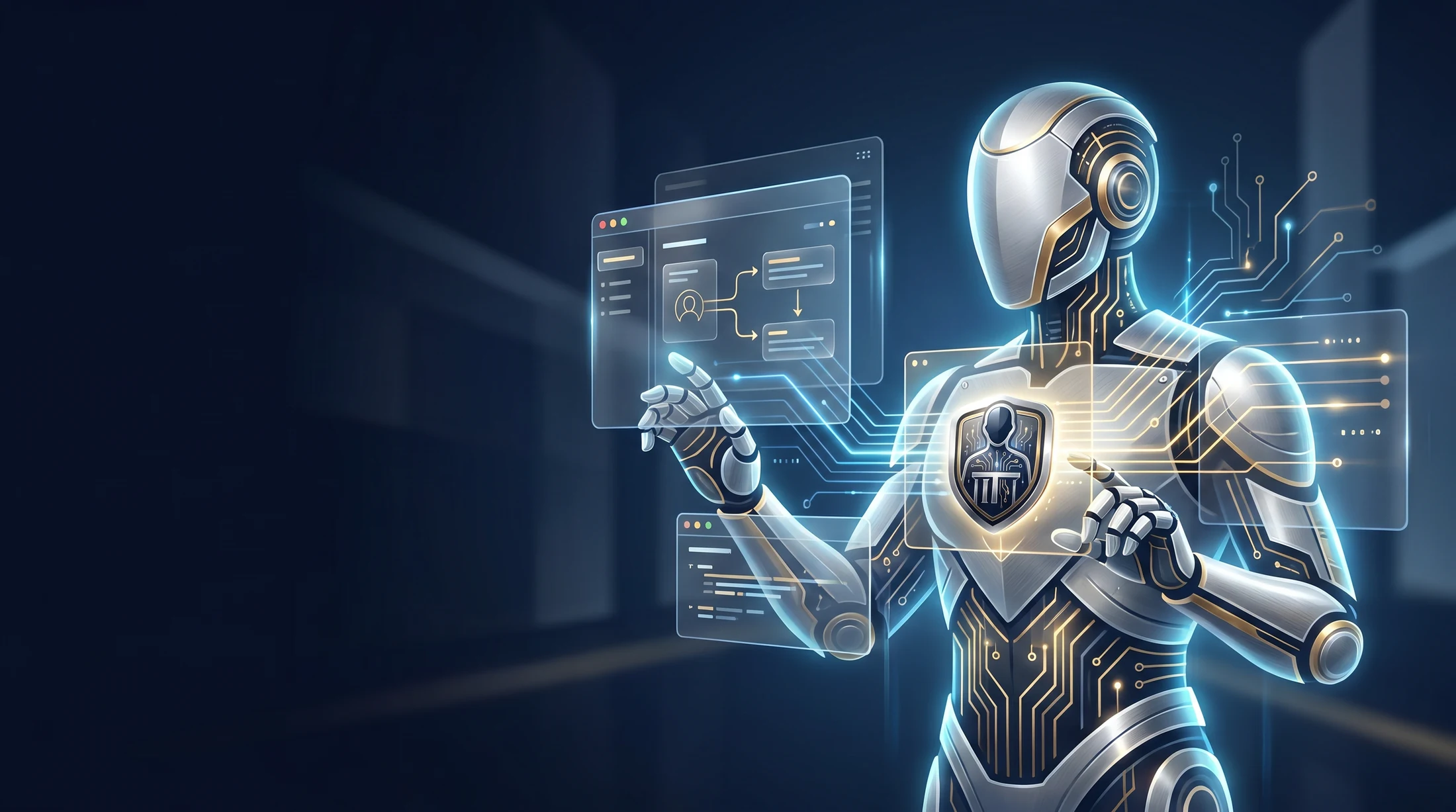 Premium faceless AI help desk hero visual in blue silver and gold